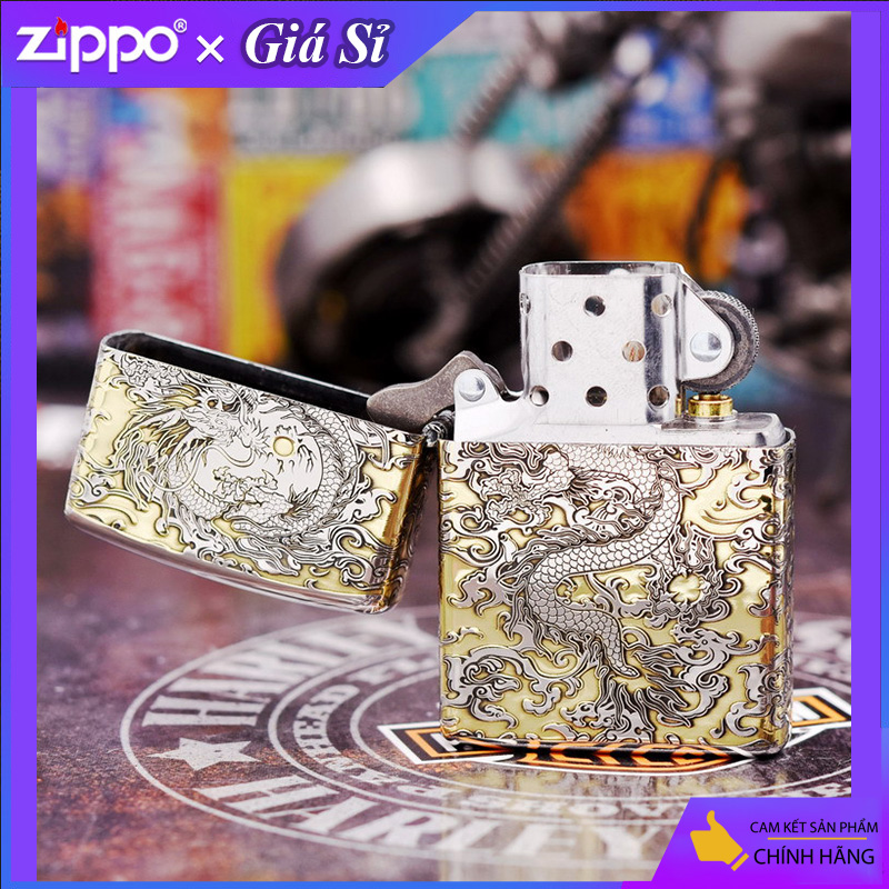 Bật lửa Zippo khắc Rồng châu Á bản tiêu chuẩn mạ Chrome