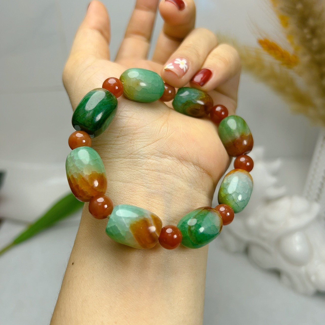 [HCM]SHOP CHUYÊN SỈ - Chuỗi Đá Mã Não Xanh + Tứ Quý Lu Thống Phối Hạt Mã Não Đỏ 8mm, Kích Hoạt Tài Lộc cho Mệnh Hỏa, Mệnh Mộc, Mệnh Thủy