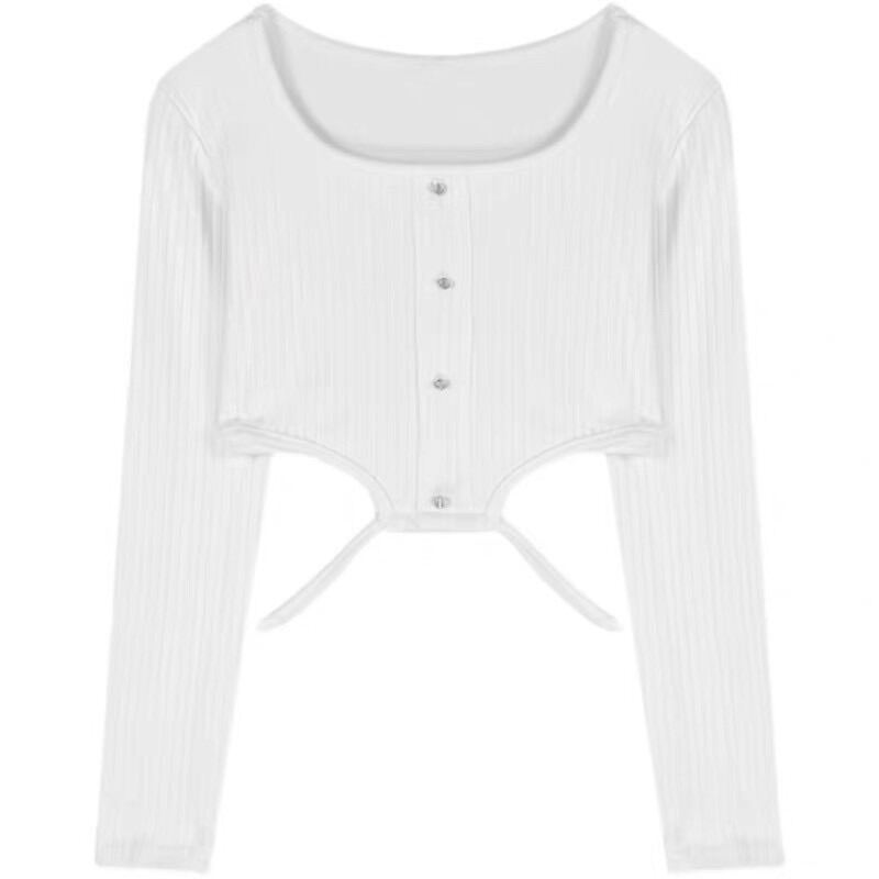 Áo Croptop Gân Tay Dài Khoét Eo Dây