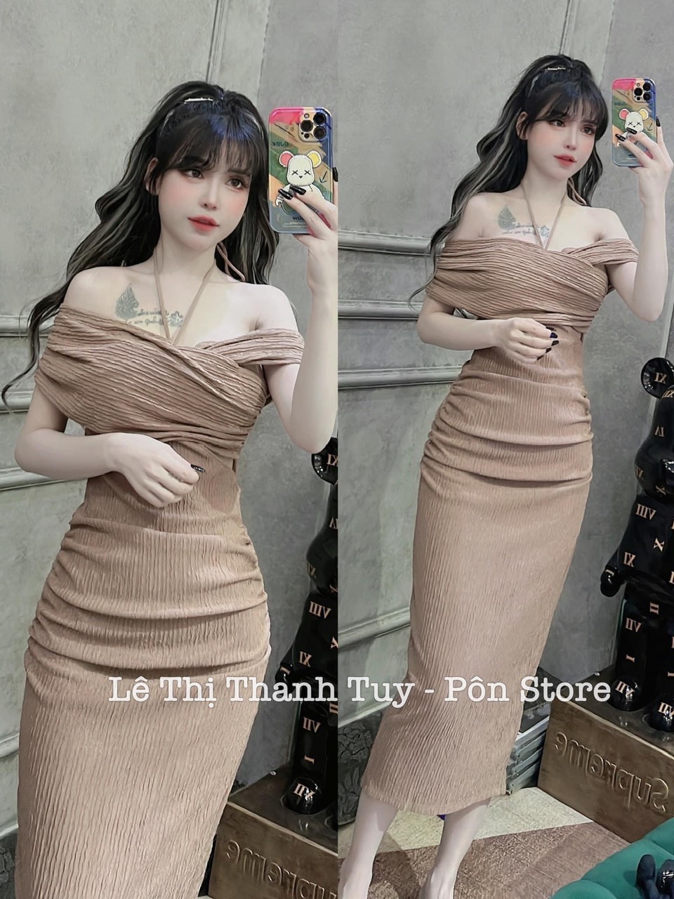 Đầm xốp gấp vai bản hở 1 bên vai dây đeo cổ ôm body dáng dài cực xinh , chất thun xốp dày dặn