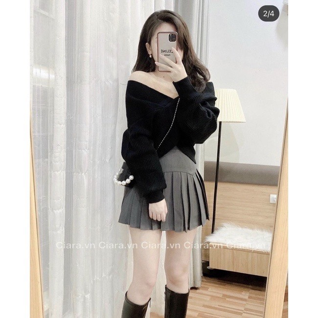 Áo len nữ dài tay cách điệu trễ vai vạt chéo  Áo chất bozip co dãn phong cách hàn quốc quyến rũ 1STCLOTHES