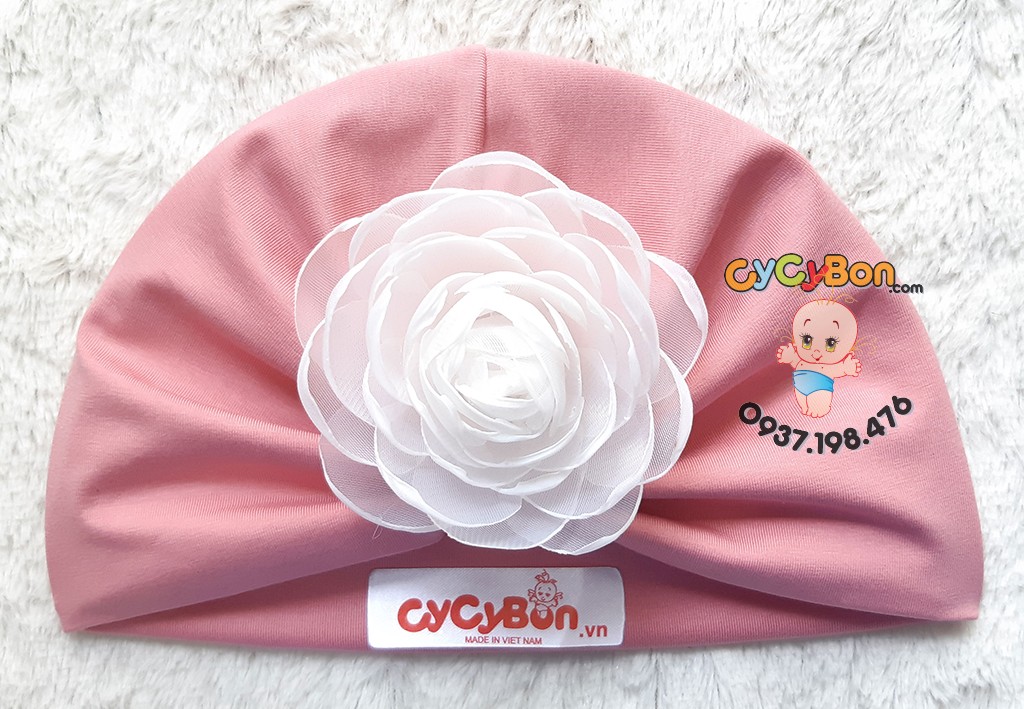 Nón Mũ Turban Tóc Giả Cho Bé Gái Màu Hồng Ruốc Đính Bông Trắng - Chất Vải Cotton- Có Size Cho Bé Từ Sơ Sinh Siêu Yêu !