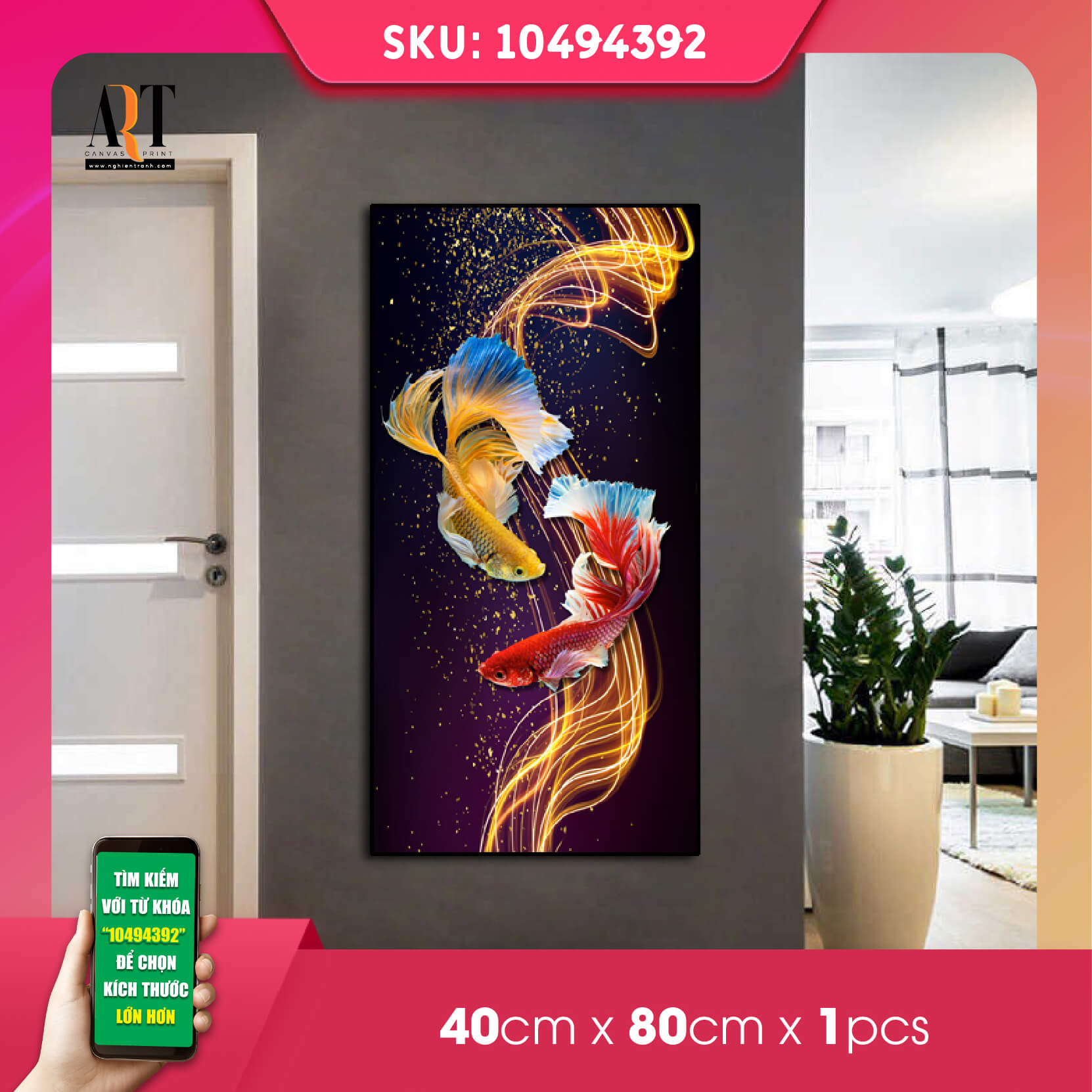 Tranh treo tường cá beta đẹp in trên canvas có khung, trang trí phòng khách, phòng ngủ (#10494392-1)