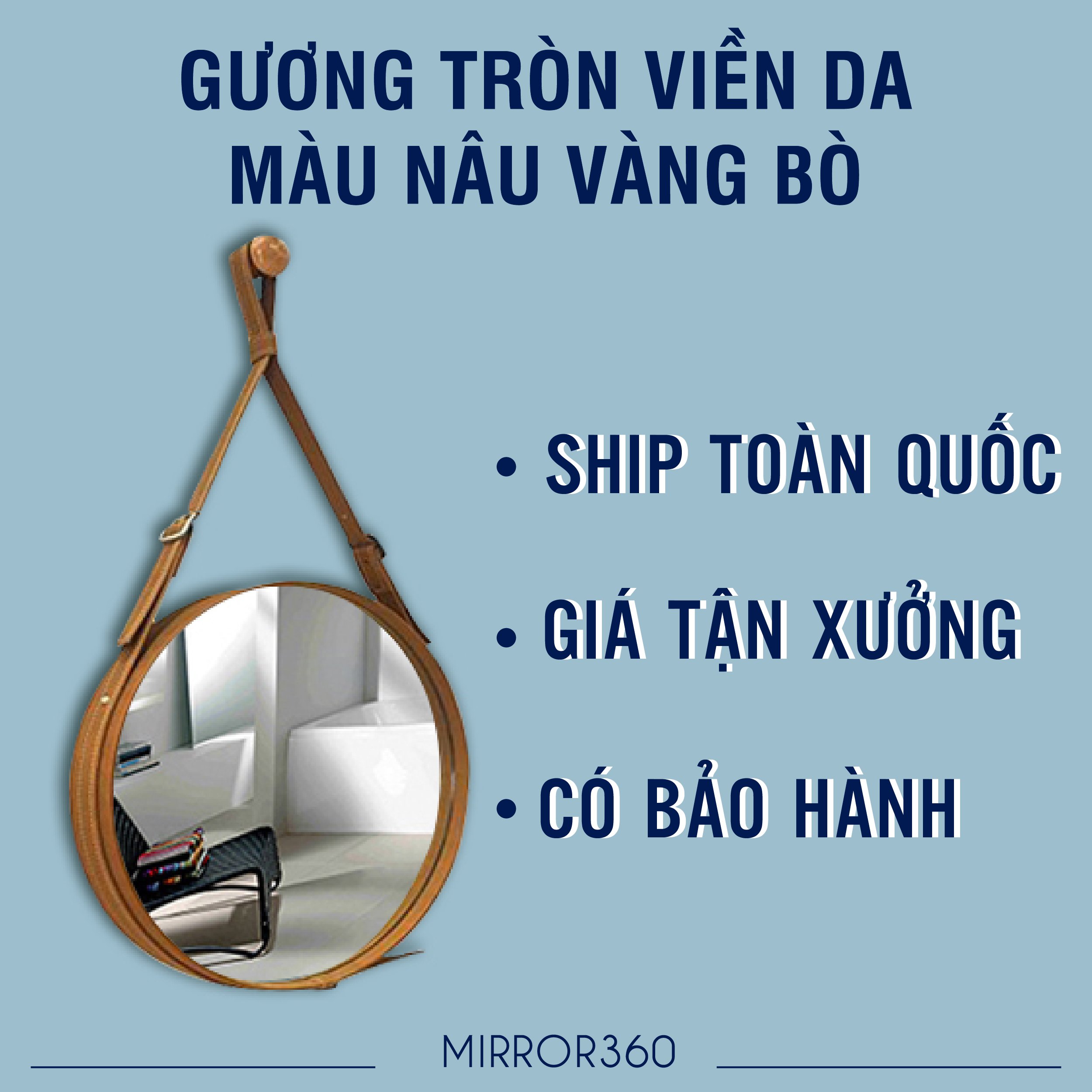 (Size 50cm) Gương Tròn Treo Tường Viền Da Simili (Màu Vàng Bò)