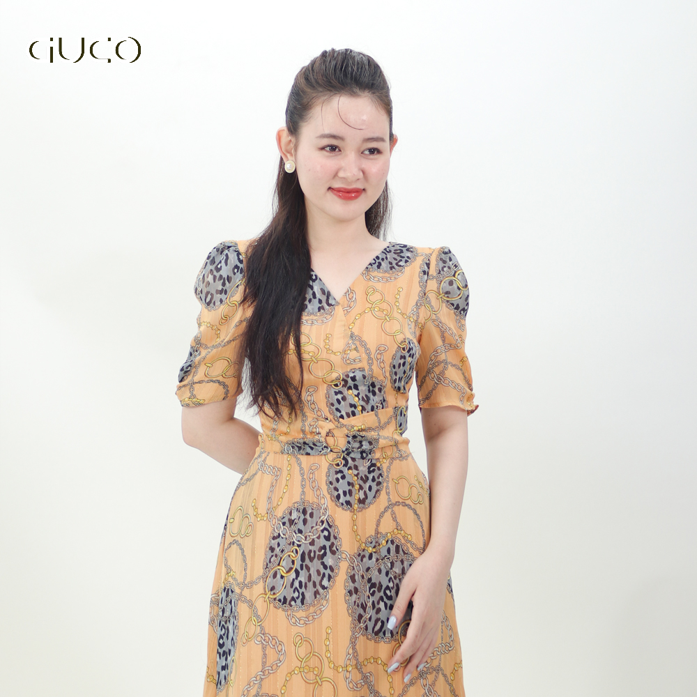 Đầm xòe midi cổ tim có khoen eo - Vàng 3860