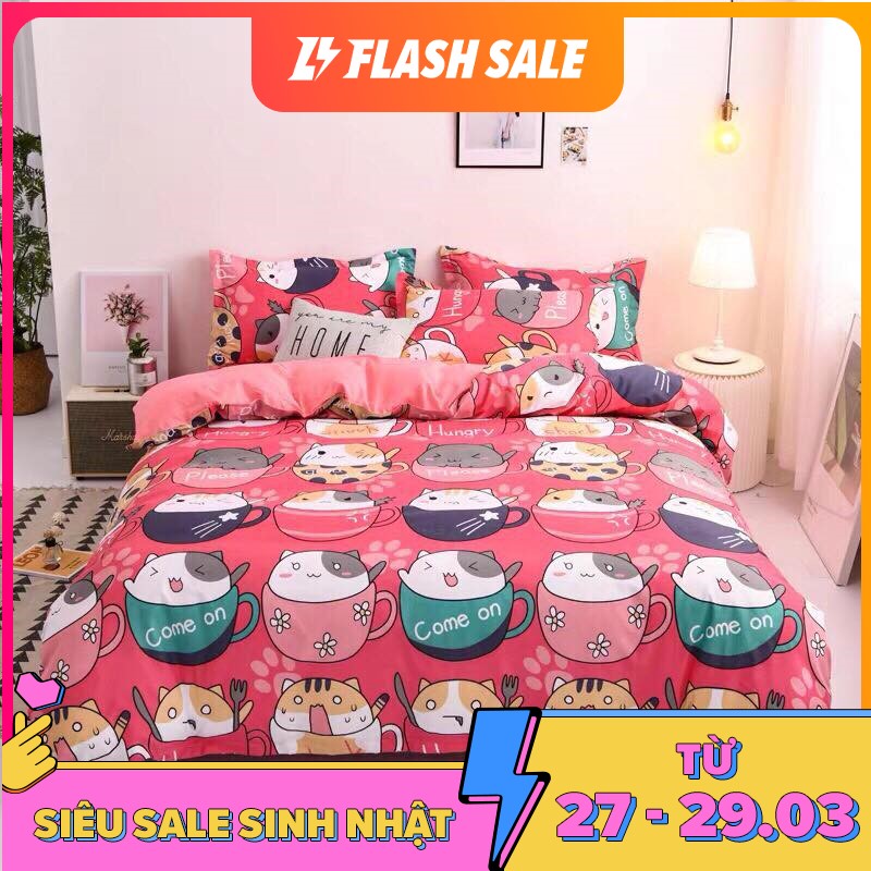Bộ Ga Gối 3 Món Chất Liệu Cotton Poly Mẫu MÈO CỐC ĐỎ