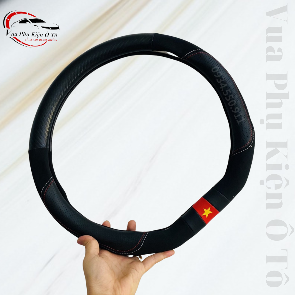 Bọc vô lăng cờ Việt Nam da PU phối da lộn- Bọc vô lăng cao cấp