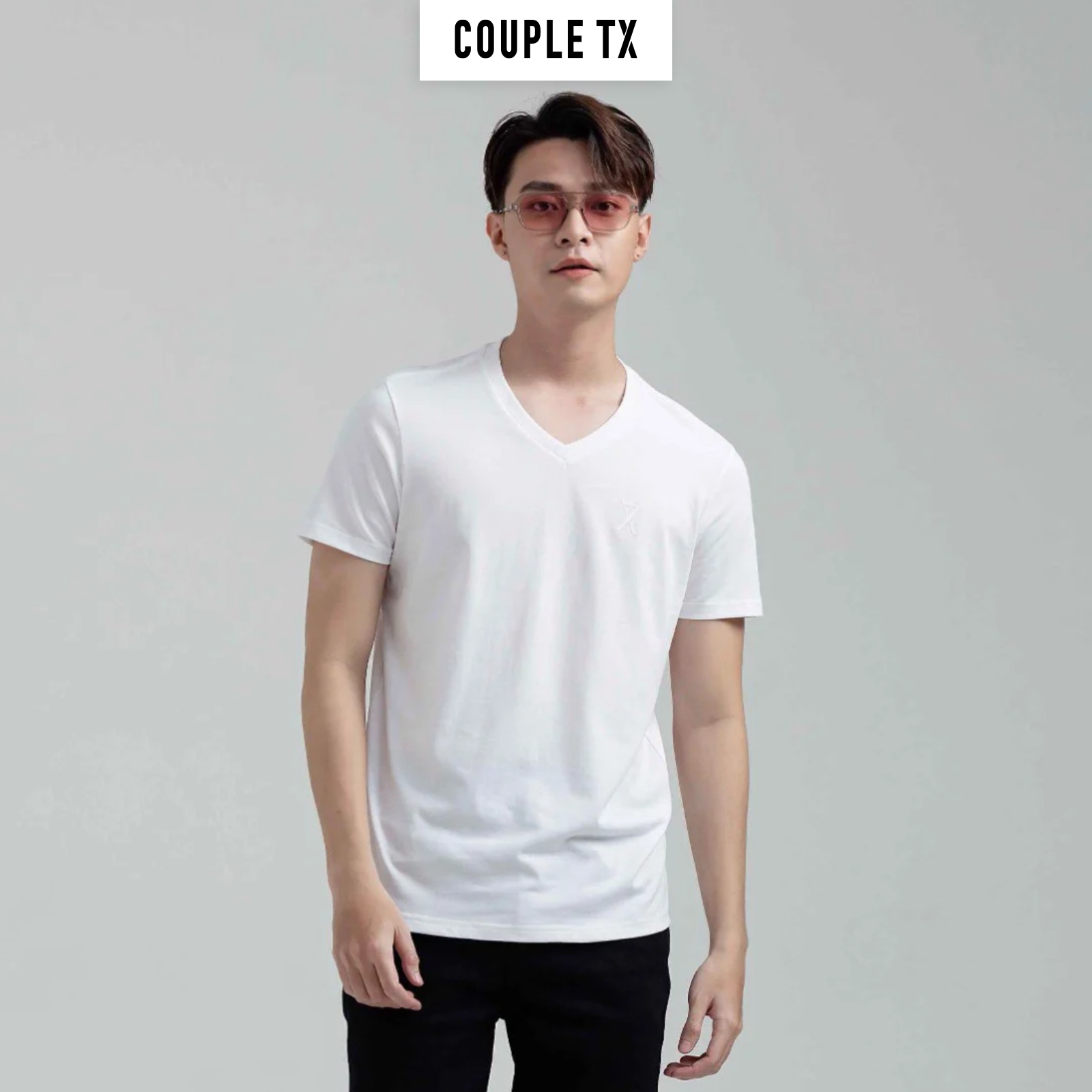 Áo Thun Nam Couple TX - Áo Thun Trơn Cổ Tim Basic Vải Đốm In Logo X