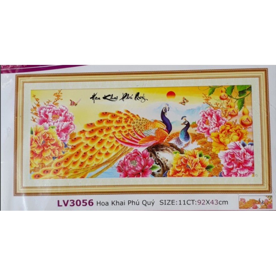 TRANH THÊU CHỮ THẬP HOA KHAI PHÚ QUÝ 92x43cm