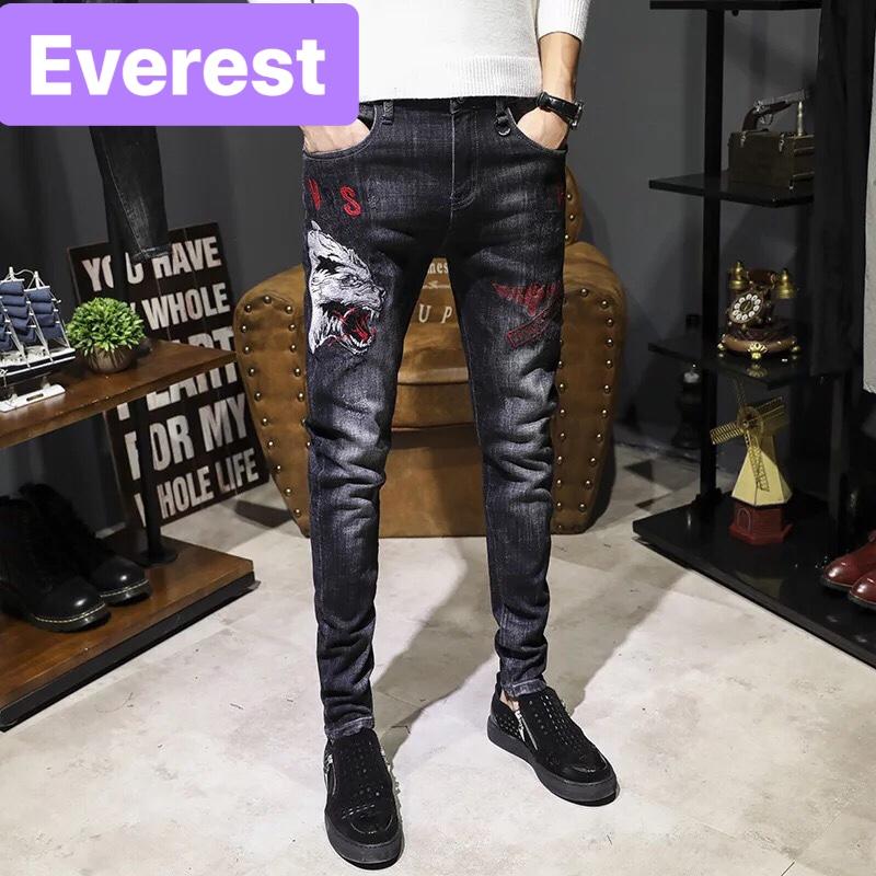 QUẦN JEAN NAM CHẤT BÒ ĐEN THÊU SÓI TRẮNG RỪNG GIÀ CANADA E-446 - EVEREST FASHION