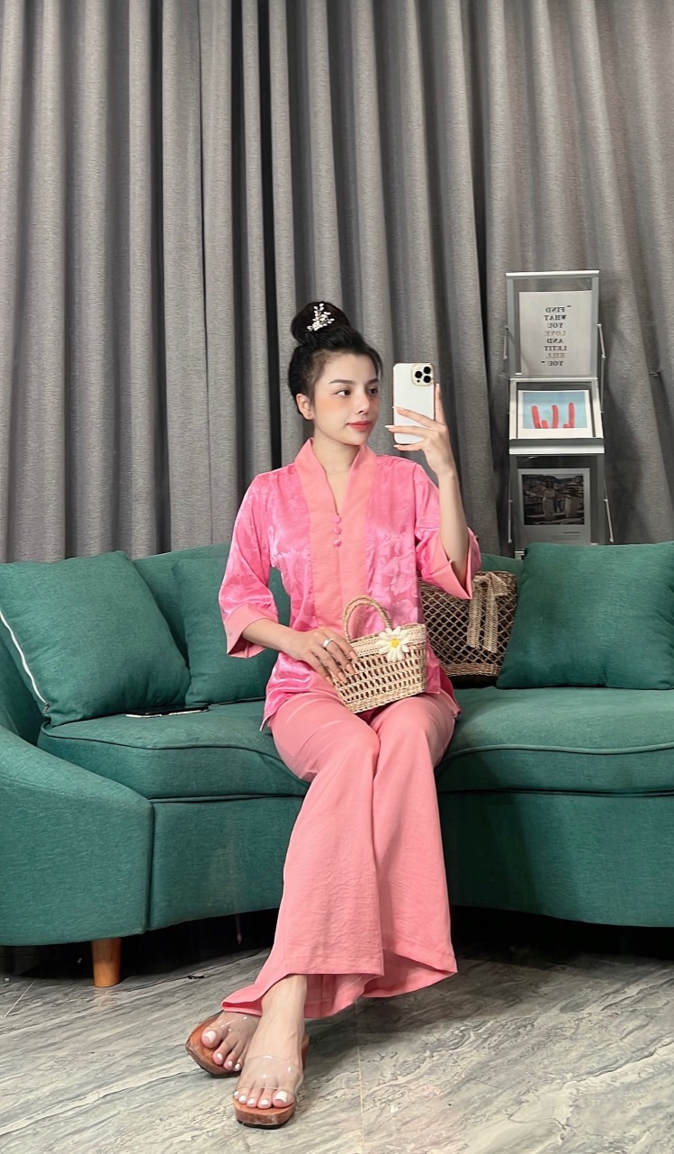 set  đồ lam đi chùa thiết kế nữ bài lai gấm phối lụa