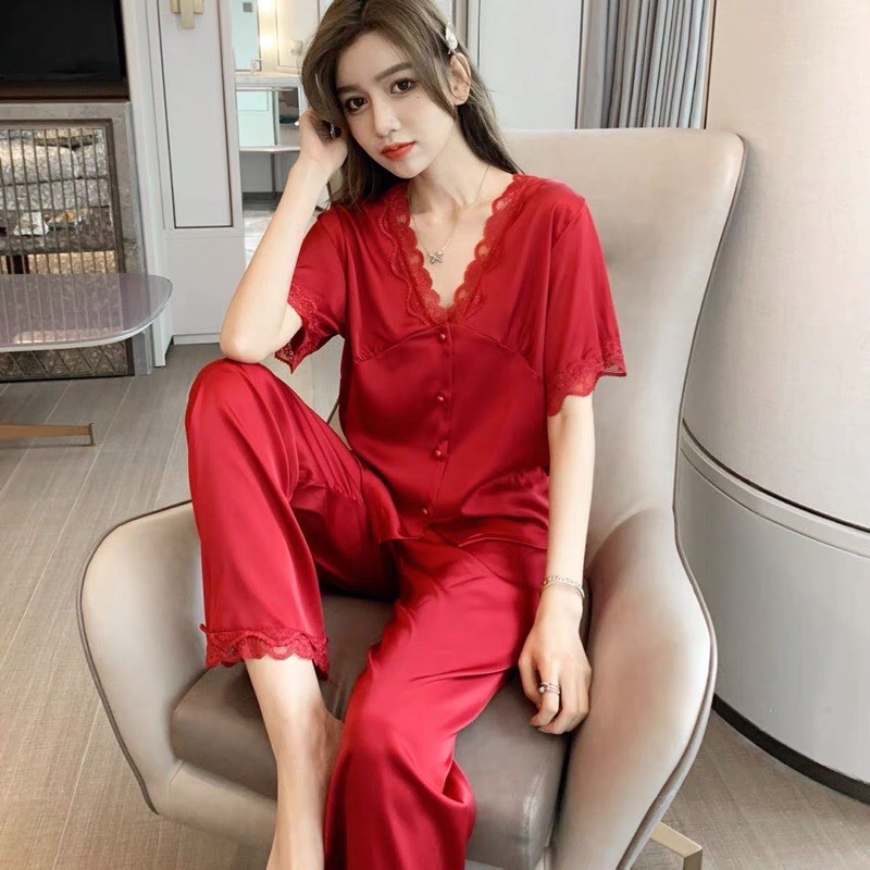 Bộ ngủ lụa quần dài áo cộc Lamy Nacy, bộ pijama lụa cao cấp