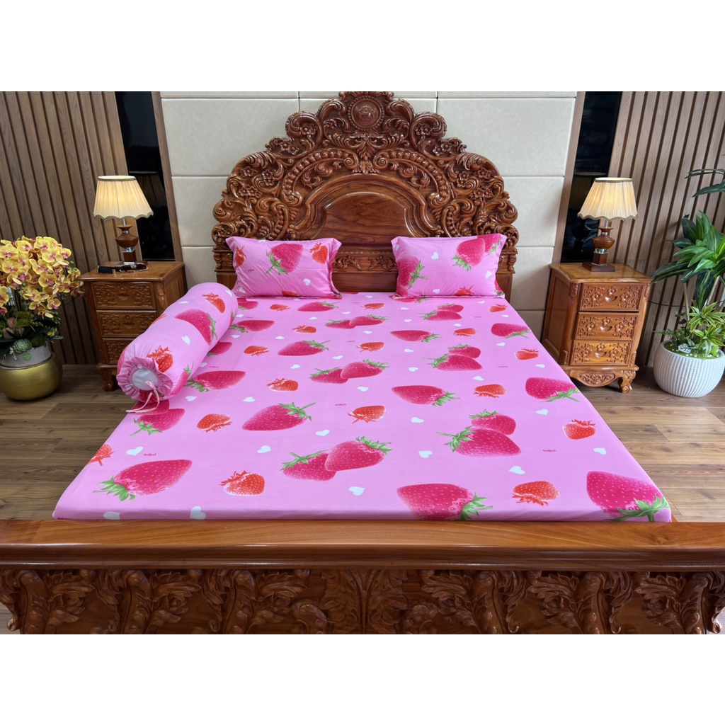 Bộ ga gối thun hàn quốc (vải Vạn Phát) mẫu Dâu tây