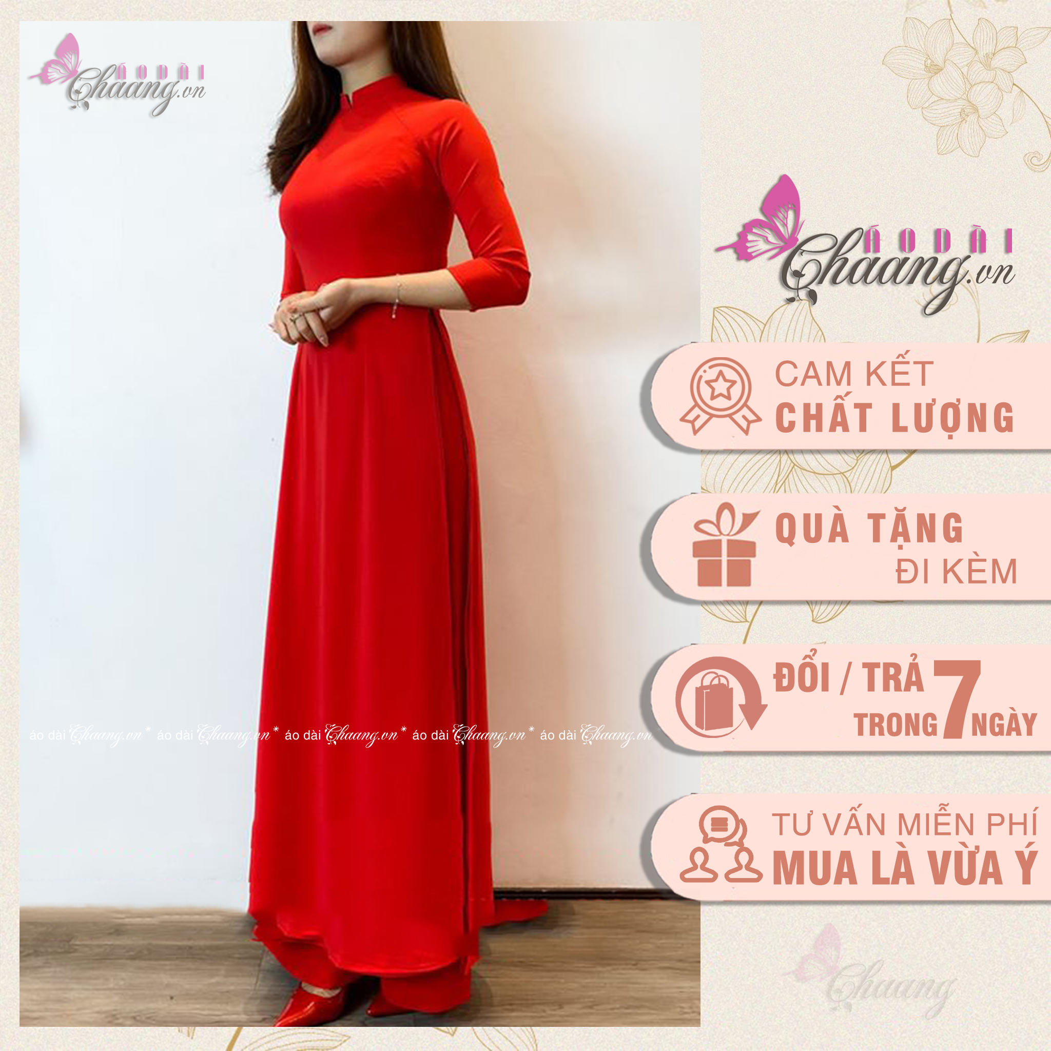 Áo Dài 4 Tà Lụa Đỏ Truyền Thống Chaang May Sẵn ADC592 Cổ Vuông Tay Lỡ Chất Tằm Chụp Hình Lễ Tết Đẹp