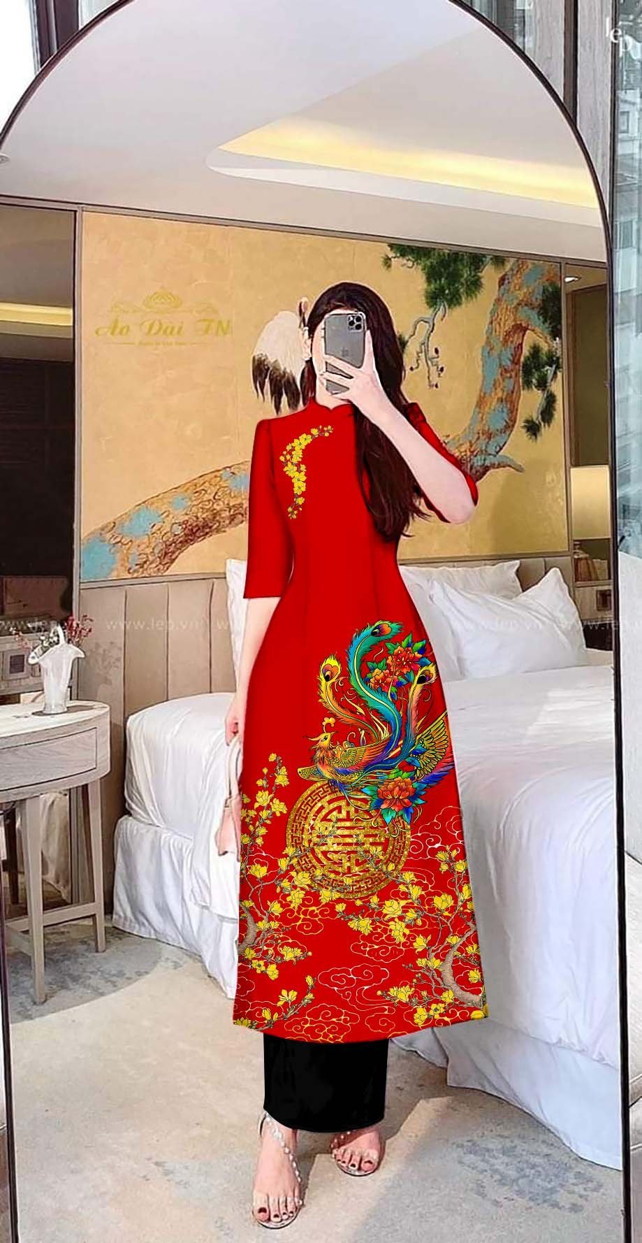 Áo dài cách tân kèm quần in họa tiết hoa mai , phụng vải lụa latinh cao cấp có BIGSIZE KÈM VIDEO