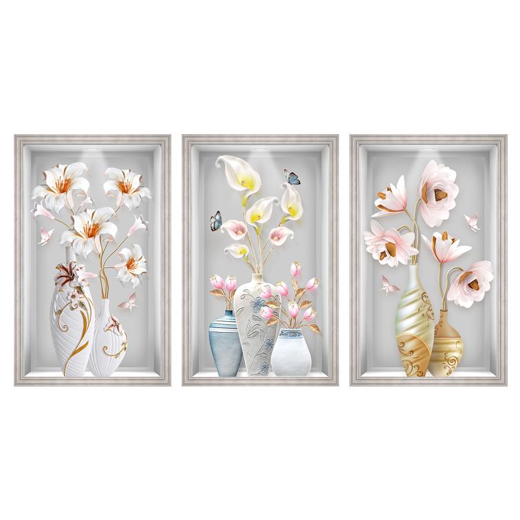 Tranh dán tường 3D VTC Bộ 3 bình hoa đẹp Binh-3D-021 Kim sa