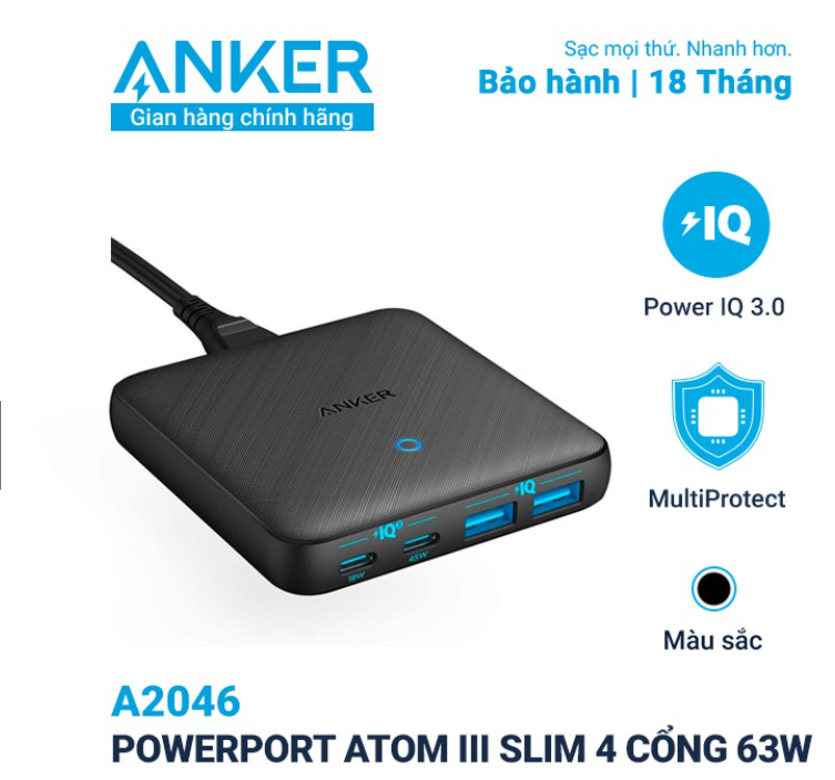 Sạc Anker 4 cổng PowerPort Atom III Slim 63w - A2046