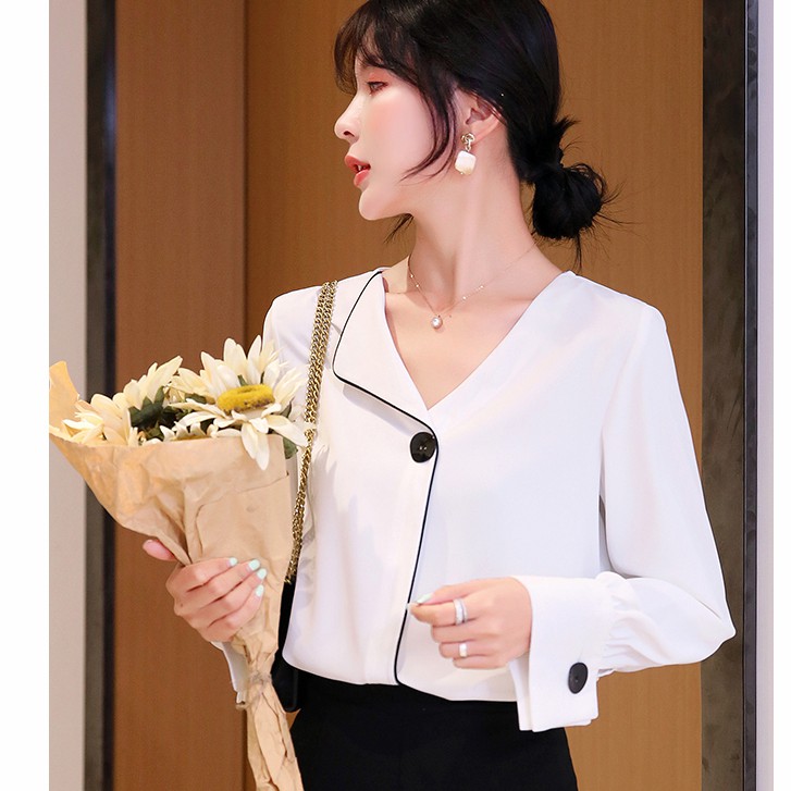 ❌FREESHIP- ÁO SƠ MI CỔ LỆCH PHỐI NÚT MS79