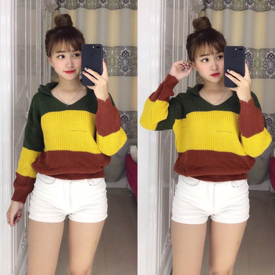 ÁO LEN CHUI ĐẦU CÓ NÓN PHỐI MÀU CỰC XINH