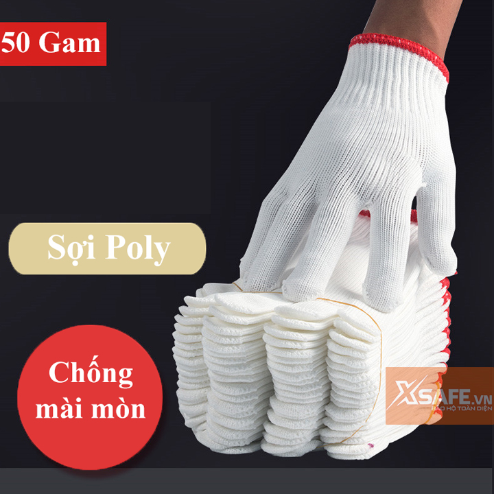 Găng tay bảo hộ sợi poly 50g ôm sát bàn tay, chống trơn trượt, chống giãn, thao tác linh hoạtGăng tay bảo hộ lao động