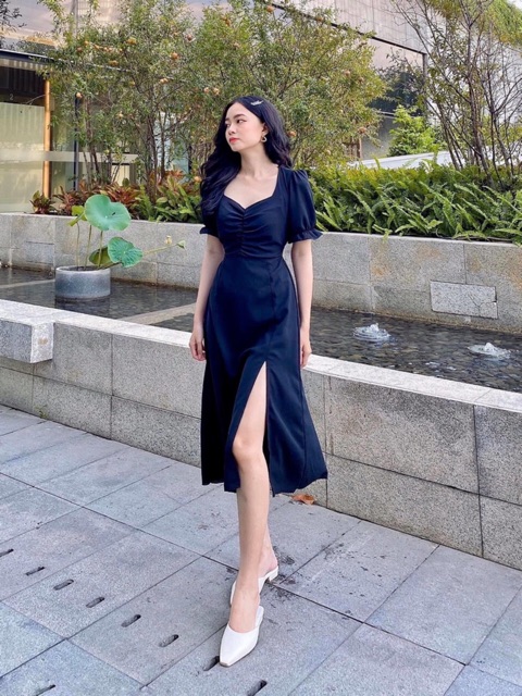 Đầm nhúng ngực xẻ tà 2 màu