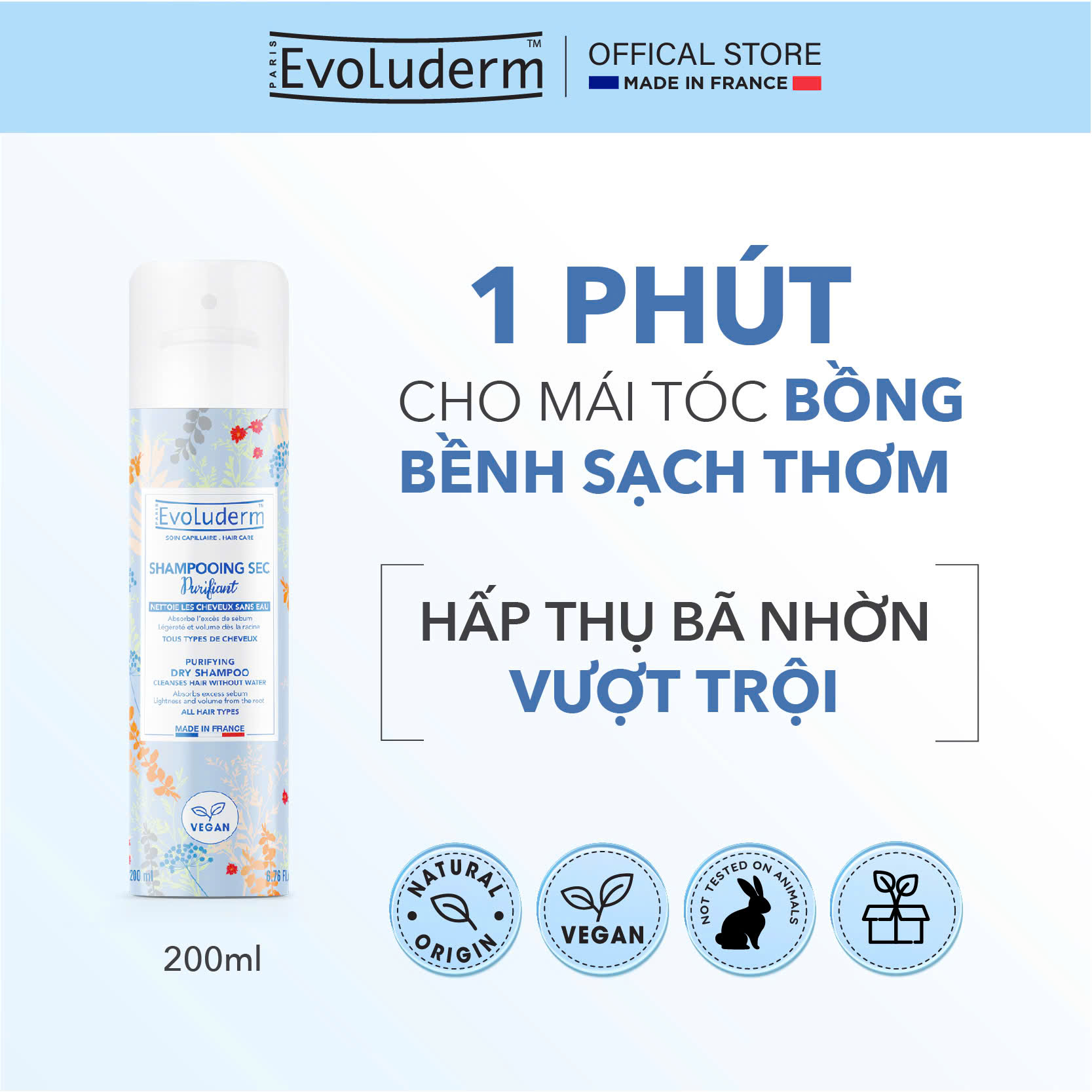 Dầu gội khô Evoluderm cho mọi loại tóc 200ml