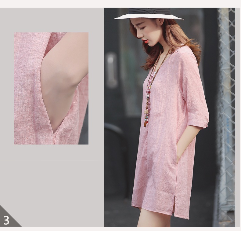 Đầm suông linen tay lỡ cổ V dáng chữ A thời trang trẻ phong cách Hàn