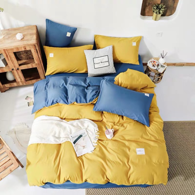 Trọn Bộ Chăn Ga Gối Cotton Tici Xuất Nhật Màu Vàng Phối Xanh Basic, Mát Mịn