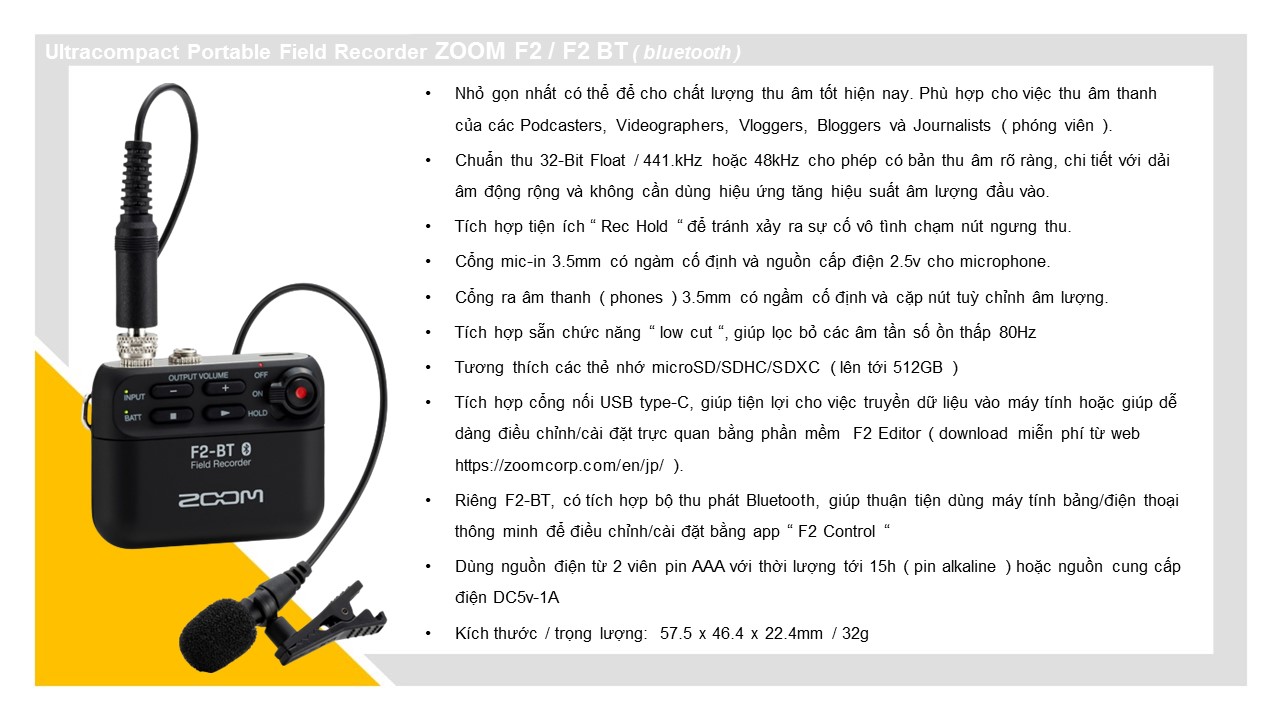 Máy ghi âm ZOOM recorder F2 F2-BT