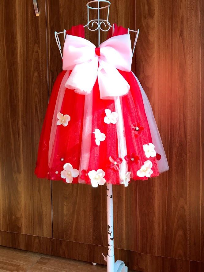 Váy tutu đỏ phối hồng phấn nhạt nơ hồng phấn