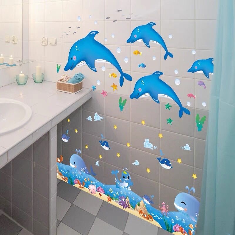 decal dán tường đàn cá heo và chân tường cá heo