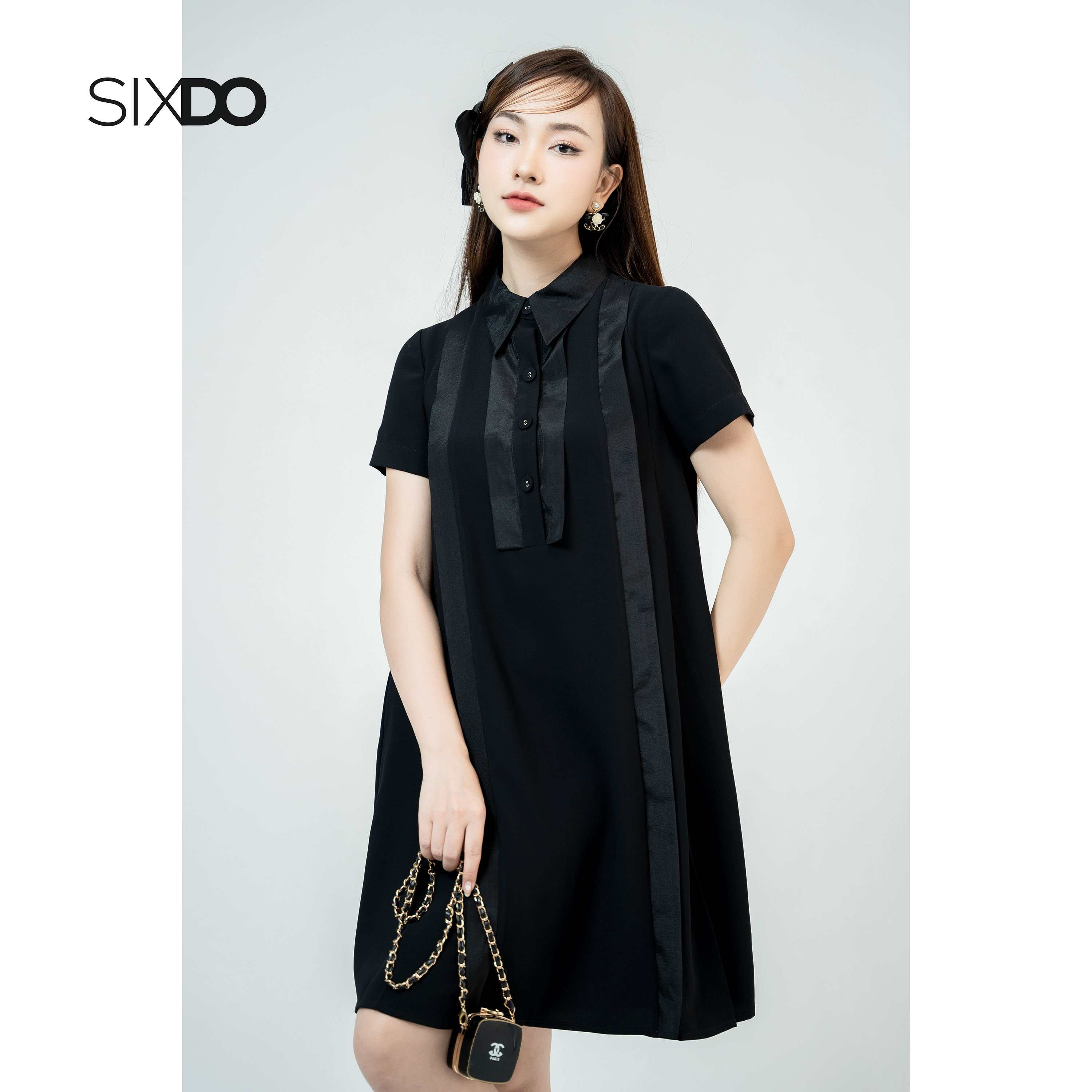 Đầm suông lụa đen cổ polo SIXDO (Black Trapeze Mini Silk Dress)