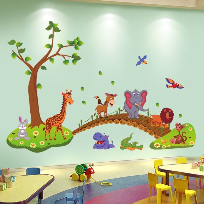Decal dán tường thú qua cầu cho bé