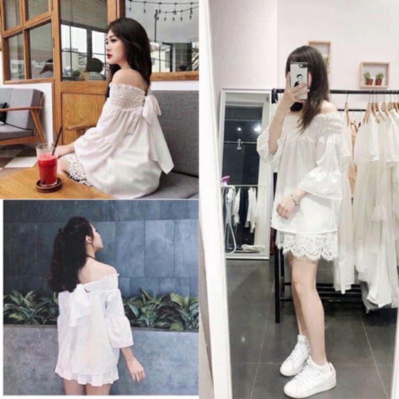 Áo trễ vai nơ mặc được 2 kiểu