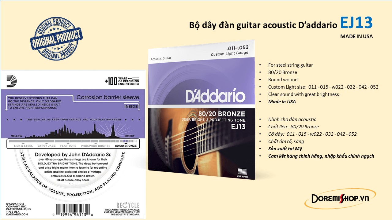 [HCM]Bộ dây đàn guitar acoustic D’addario EJ13 - made in USA - Hàng nhập khẩu chính hãng chính ngạch