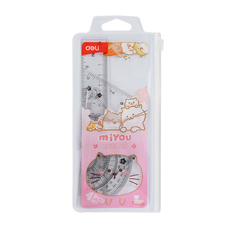 Bộ thước kẻ, eke, đo độ 15cm 4 chiếc miyou H657 - Deli