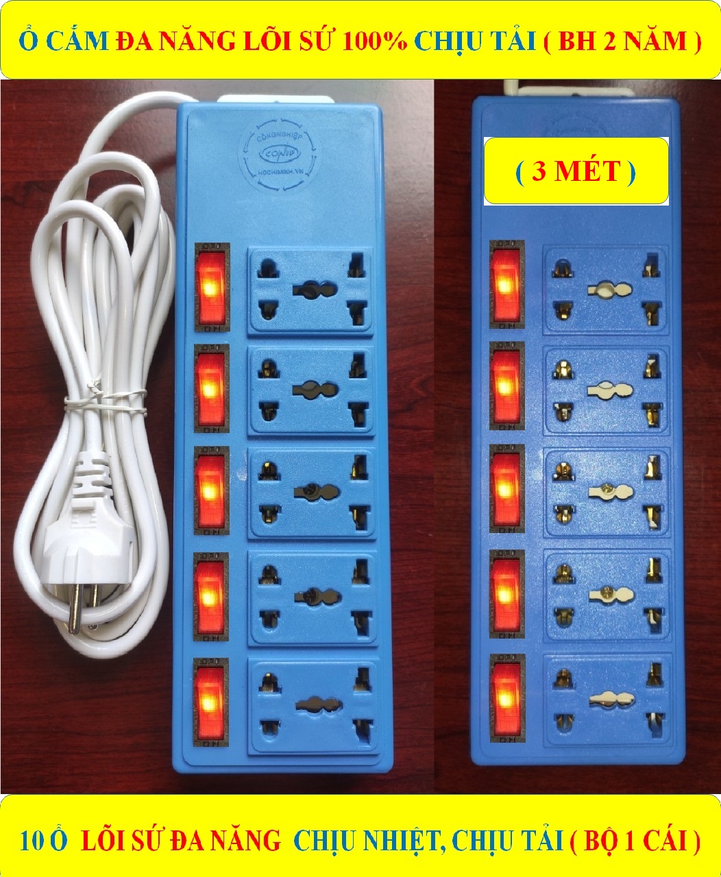 Ổ cắm điện ĐA NĂNG liền dây CHỊU TẢI CAO + BH 2 NĂM + Dây dài 3 mét/5 mét + 5 Công tắc nguồn + 5 Đèn LED báo + 10 Ổ cắm LÕI SỨ ĐA NĂNG lò xo nhíp chống giãn HÀNG LOẠI 1 cao cấp (bộ 1 sản phẩm)