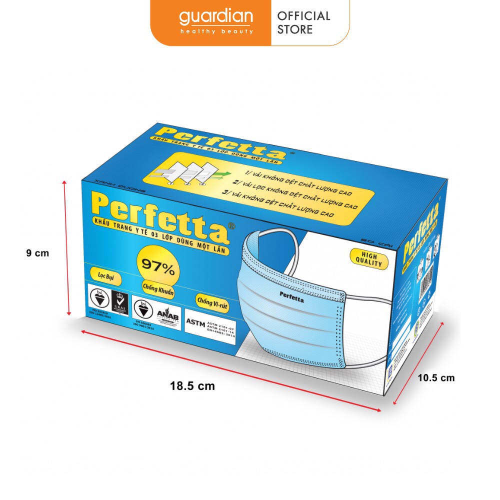 Khẩu Trang Y Tế 3 Lớp Perfetta Moderate Xanh/ Trắng cao cấp (50 Cái/Hộp)