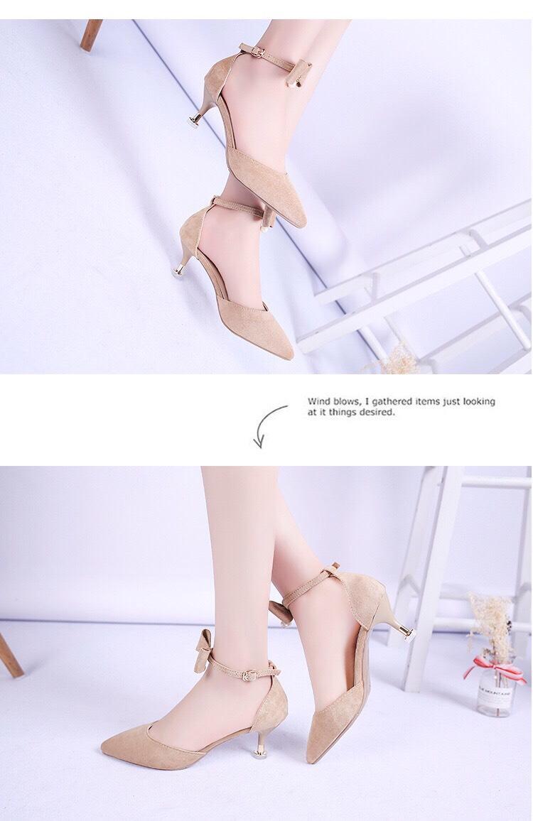 Giày Cao Gót Bít Mũi Nơ Cổ Chân 7p ST