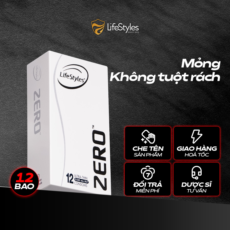 Bao cao su mỏng khít LifeStyles Zero - Trơn êm -  Hộp 12 bao