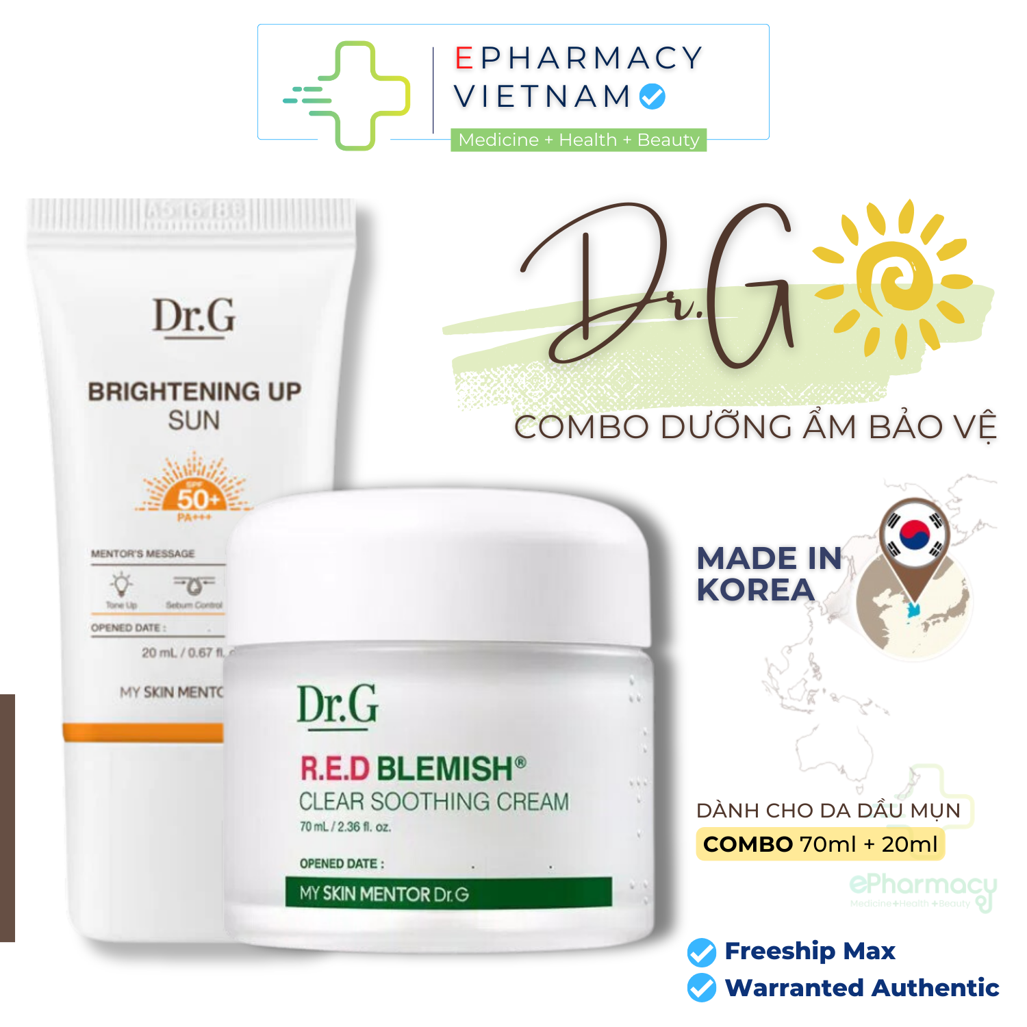 Combo kem dưỡng ẩm phục hồi Dr.G Clear Soothing Cream 70ml + Kem chống nắng Brightening Up Sun+ 20ml