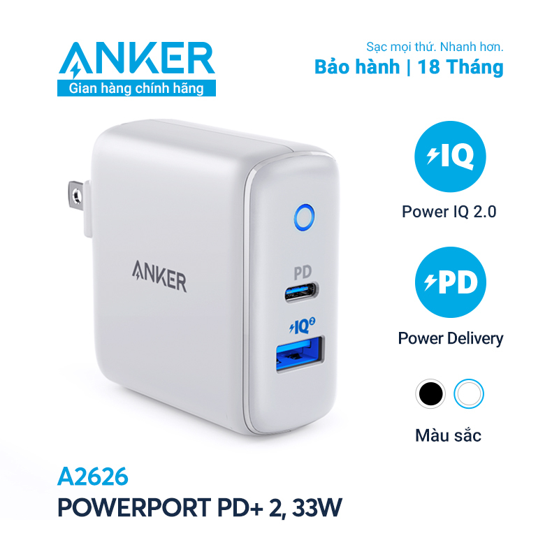 Sạc ANKER PowerPort PD+ 2 với 1 PD và 1 PIQ 2.0 33W - A2626
