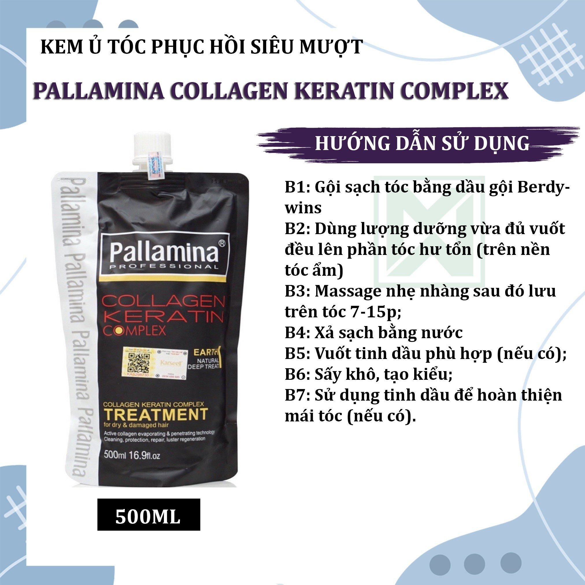 Kem ủ tóc, dầu hấp phục hồi Pallamina Collagen Keratin Complex 500ML