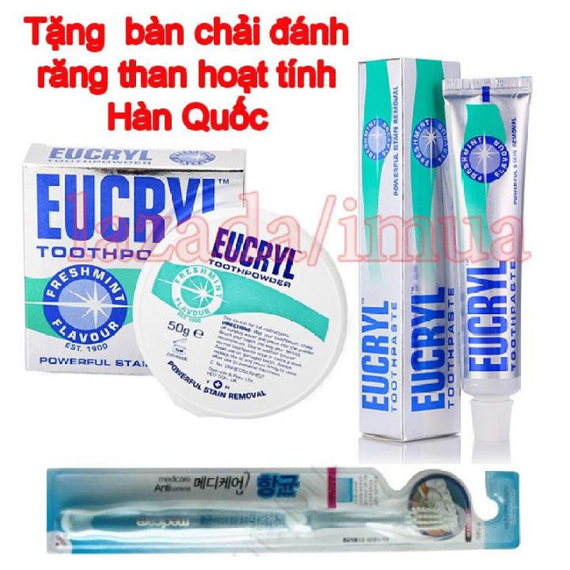 Combo Bột trắng răng và Kem đánh răng Eucryl tặng Bàn chải đánh răng than hoạt tính Hàn Quốc nhập khẩu