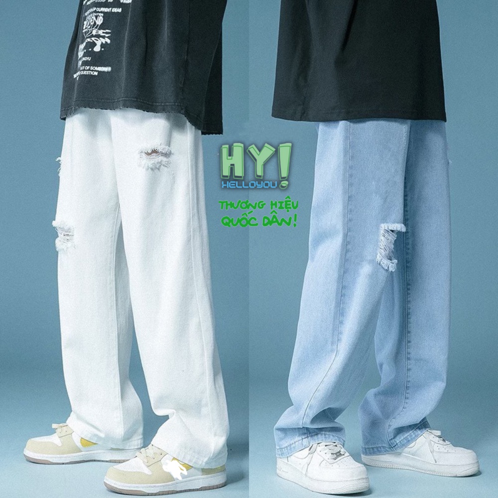 Quần jean baggy nam rách trắng đen 2 gối gấu ống suông rộng chất vải bò cao cấp Ullzang hàn quốc