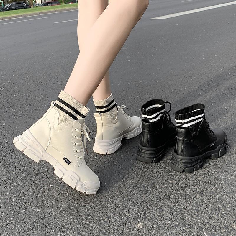 (HÀNG CÓ SẴN) BỐT BOOT NỮ BOOT DA PHỐI LEN KẺ NGANG CÁ TÍNH