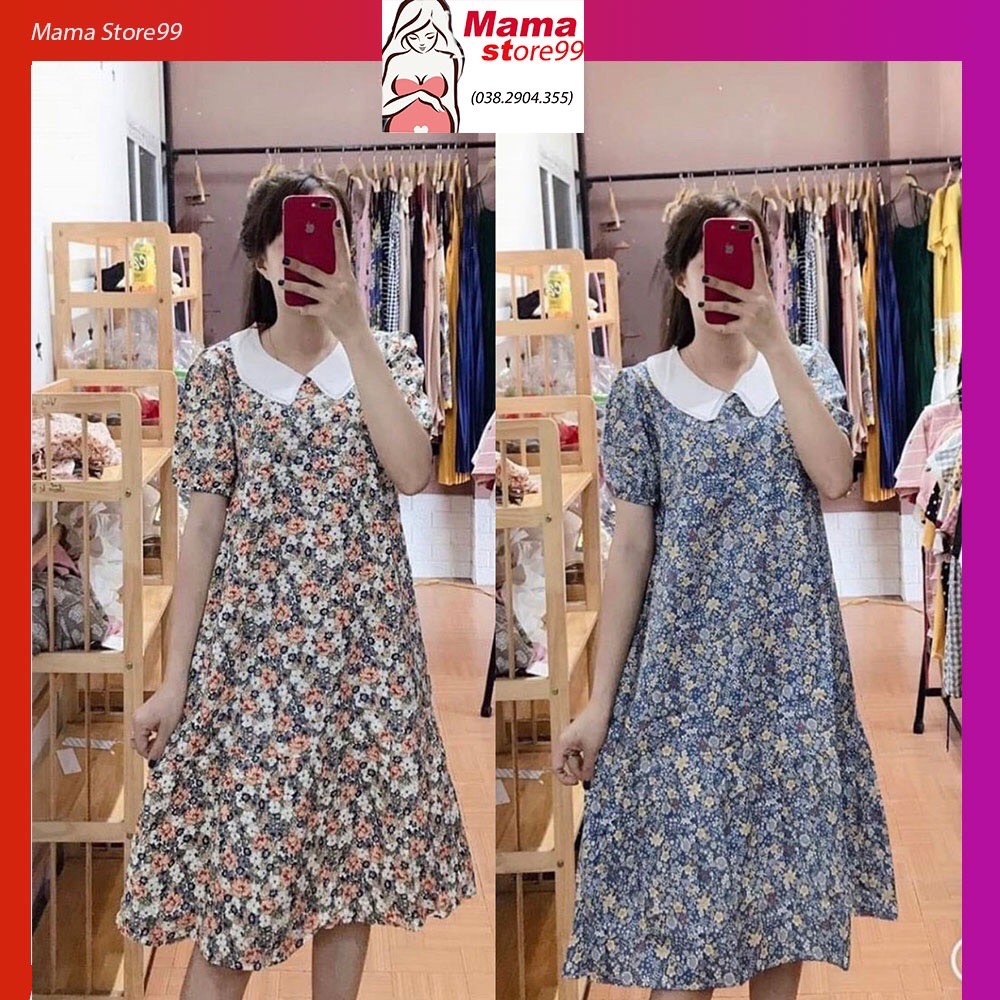 Đầm bầu hoa nhí dáng xòe cổ sen