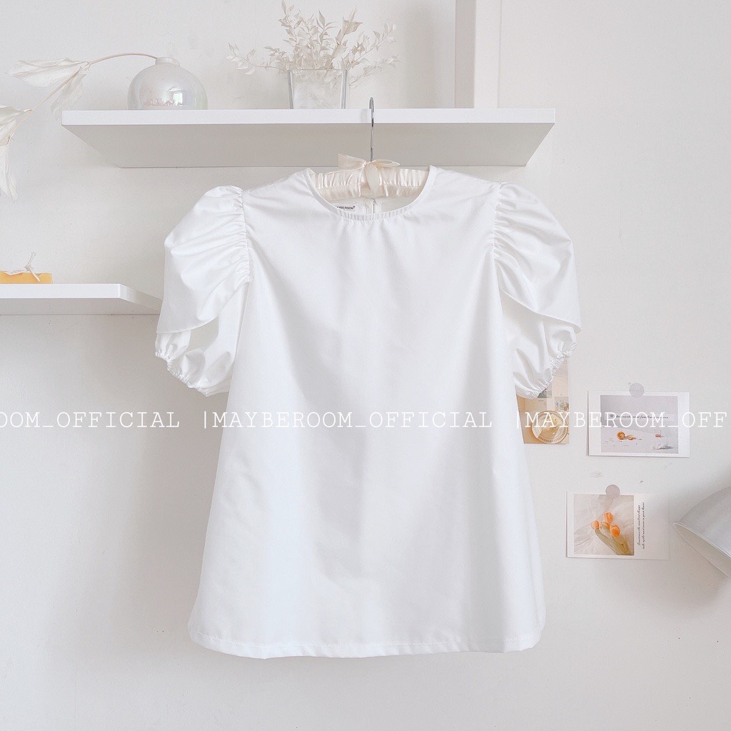 Áo sơ mi cổ tròn Tay bồng Macaron Mayberoom