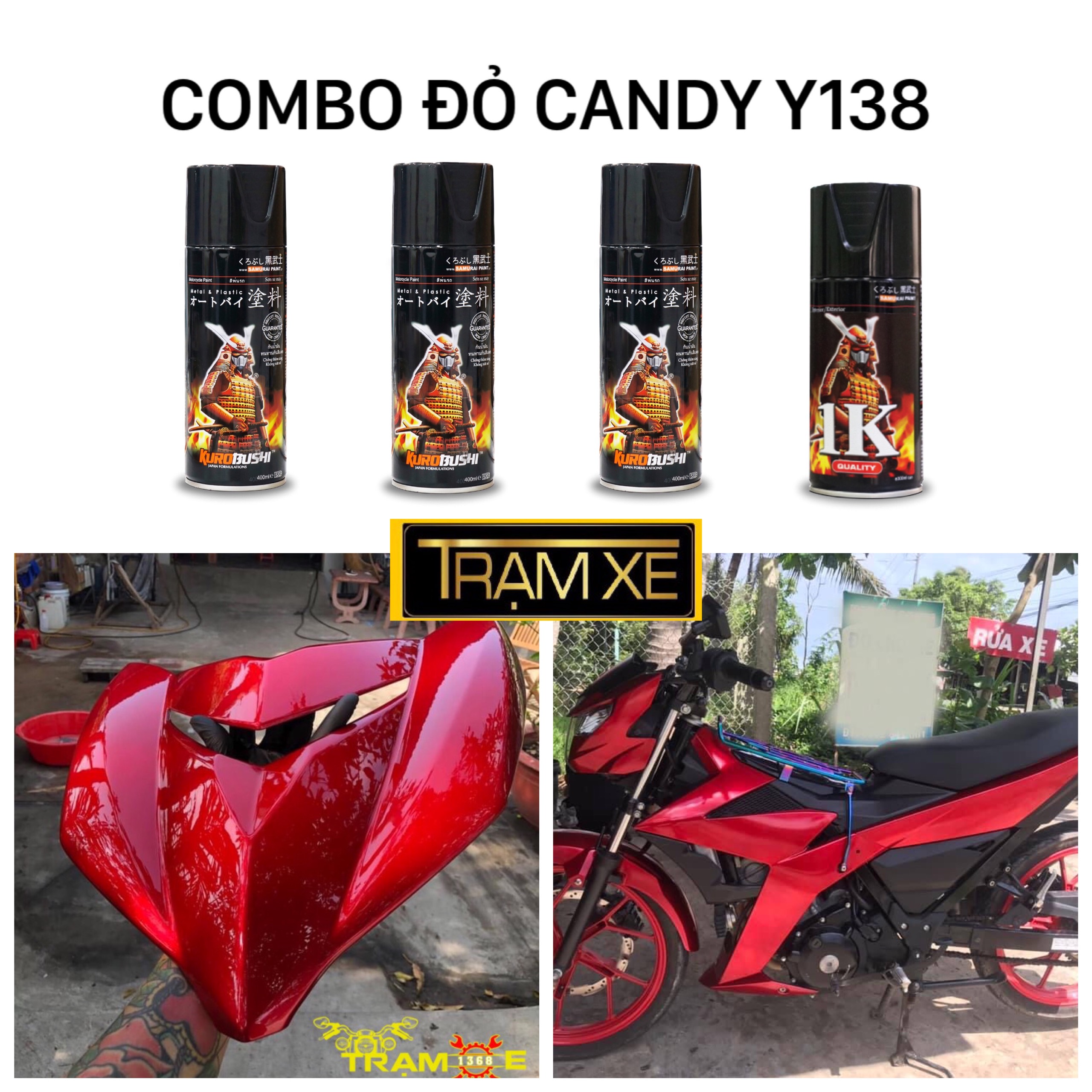 Combo Sơn Samurai Màu Đỏ Candy Y138 chuẩn quy trình gồm 4 chai độ bền cao tiên lợi và dễ sử dụng
