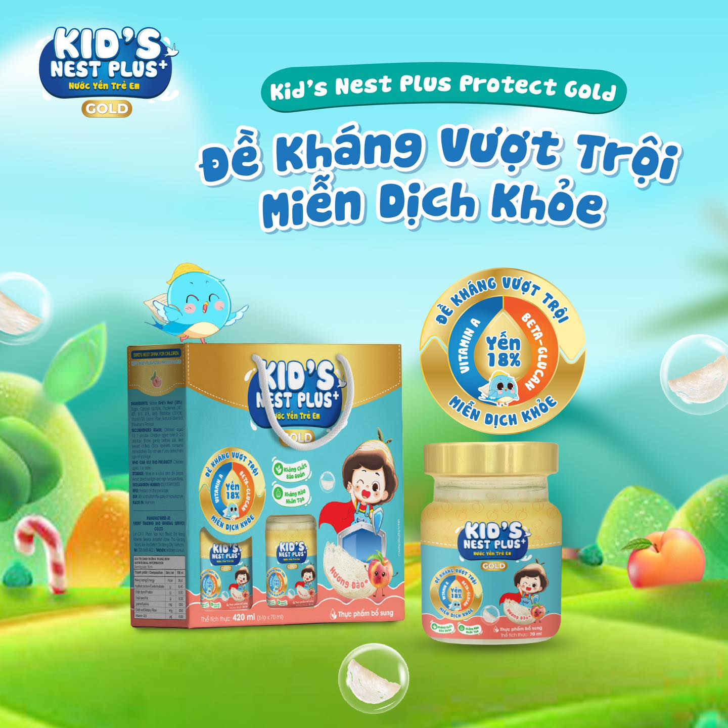 Yến Sào Cho Bé Hộp 6 Hũ Kid's Nest Plus+ GOLD Hỗ Trợ Sức Khỏe Trẻ Ăn Ngon Cao Lớn (6 hũ x 70ml)